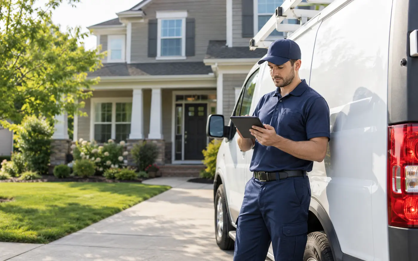 Home-service professional using a tablet beside a service van at a home